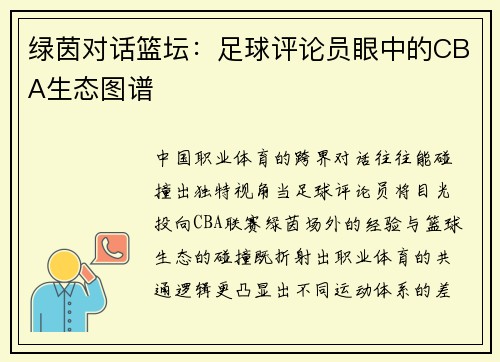 绿茵对话篮坛：足球评论员眼中的CBA生态图谱