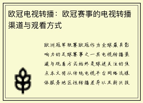 欧冠电视转播：欧冠赛事的电视转播渠道与观看方式