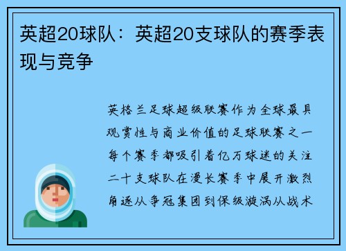 英超20球队：英超20支球队的赛季表现与竞争